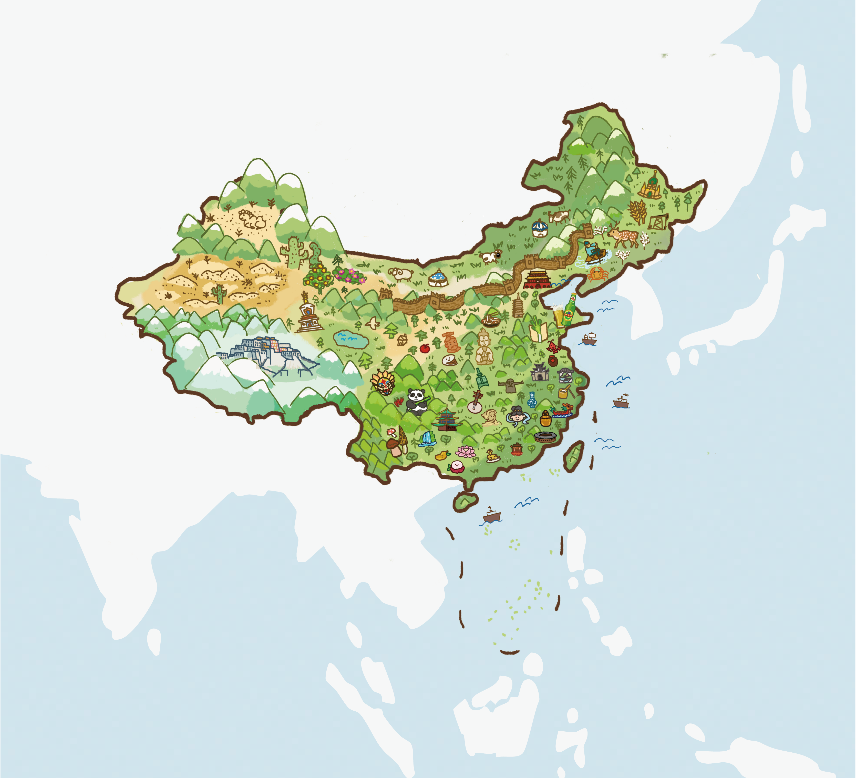 Illustrated map of China showing landmarks, cuisine, wildlife, and cultural highlights